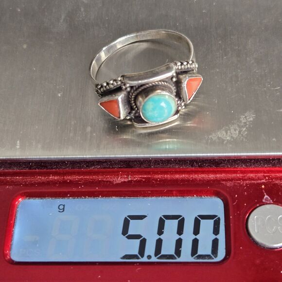 Mens Turquoise Coral 925 Sterling Ring Vintage Tibetan Boho Statement Sz 10.5 - Picture 10 of 12